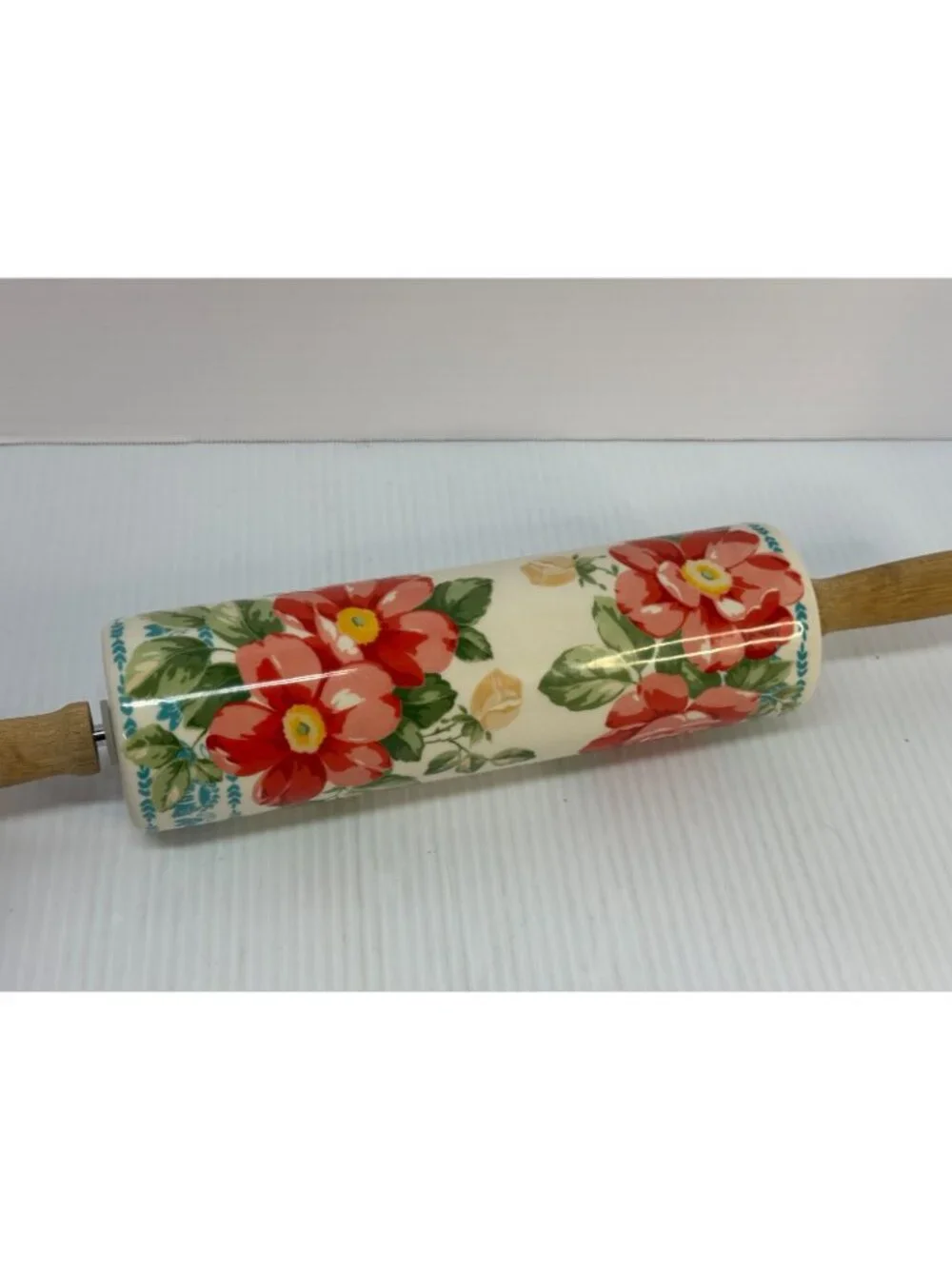 Pioneer Woman Rolling Pin Retired Vintage Flower Pattern Ceramic Wooden Handles
